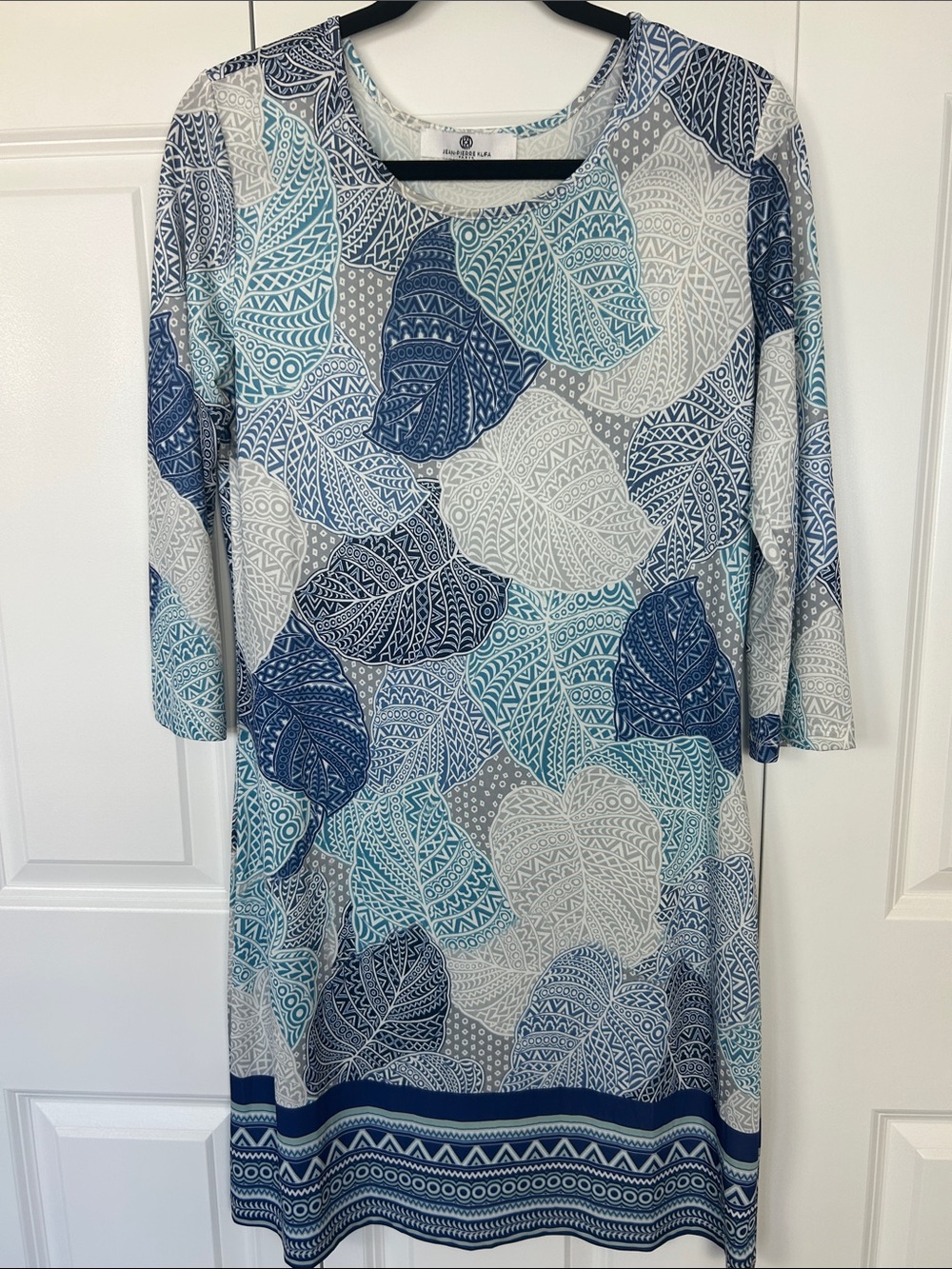 Jean-Pierre Klifa Leaf-Print Blue & Gray Midi Shift Dress Size Medium